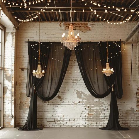 Premium Black Chiffon Ceiling Drapery | eFavormart.com Wedding Arch With Black Fabric, Diy Curtain Backdrop, Curtain Backdrop Ideas, Wedding Curtain Backdrop, Wedding Drapes, Nye 2024, Ceiling Drapery, Dark Wedding Theme, Curtain Backdrop