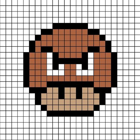 A pixel art template of a Mario mushroom themed as a Goom-ba from the Nintendo Mario series. Pixel Art Mushroom Super Mario, Mario Mushroom Pixel Art, Pixel Art Mushroom, Mushroom Pixel Art, Pixel Art Mario, Mushroom Pixel, Pixel Art Animals, Melt Beads Patterns, Modele Pixel Art