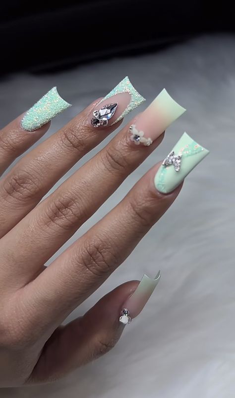 Jade Nails Acrylic Short, Mint Green Acrylic Nails Design, Aqua Square Acrylic Nails, Teal Square Acrylic Nails, Teal And White Nails Acrylic, Green Frog Acrylic Nails, Duck Acrylic Nails, Cute Duck Nails, Duck Nails Acrylic