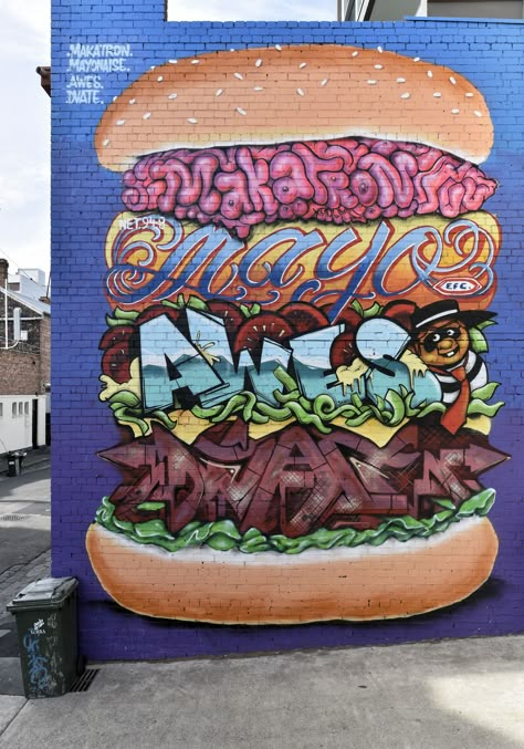 https://flic.kr/p/zP5pwt | Burger stack | Street art by Makatron, Mayonaise, Awes & Dvate Graphity Street Art, Burger Art, David Zinn, New York Graffiti, Graffiti Wallpaper Iphone, Street Art Banksy, Street Wall Art, Urban Street Art, Graffiti Murals