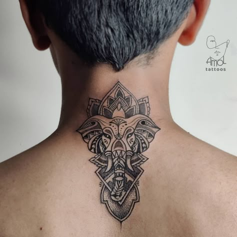 Bhairav Tattoo Design, Hindu Mythology Tattoo, Thailand Tattoo Ideas, Elephant Head Tattoo, Geometric Elephant Tattoo, Elephant Tattoo Ideas, Geometric Tattoo Leg, Celtic Tattoos For Men, Tattoos Leg