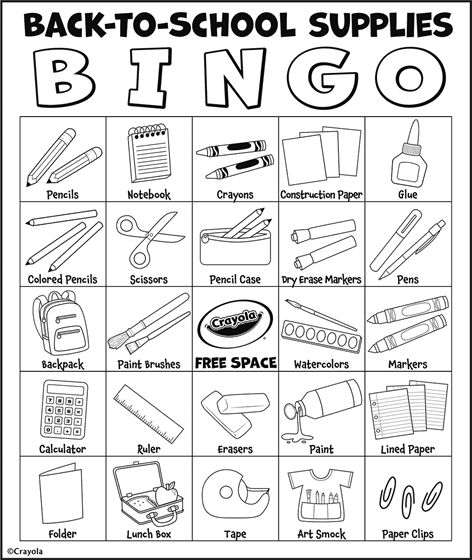 School Supplies Coloring Pages, Back To School Bingo, Crayon Crafts, Paper Folder, Esl Activities, Bingo Printable, Grammar School, Paint Line, Kids Games