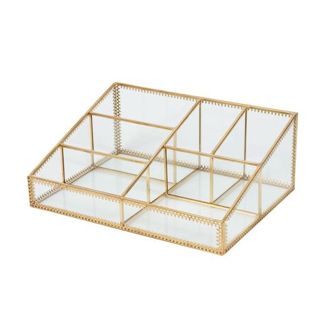 Gold Glass Makeup Organizer - Metal Perfume Organizer Makeup Brush Holder with Gold Trim for Vanity Cosmetic Storage - 16084A Product Details Specific Uses For Product: Cosmetics Material: Glass, Metal Special Feature: Clear Color: Gold Brand: Axlbcne Finish Type: Polished Product Dimensions: 7.68"D x 10.24"W x 3.94"H Number of Items: 1 Manufacturer: Axlbcne Specific Uses For Product: ‎Cosmetics Material: ‎Glass, Metal Special Feature: ‎Clear Color: ‎Gold Brand: ‎Axlbcne Finish Type: ‎Polished Product Dimensions: ‎7.68"D x 10.24"W x 3.94"H Number of Items: ‎1 Manufacturer: ‎Axlbcne Item Weight: ‎2.5 pounds Country of Origin: ‎China Item model number: ‎glass makeup brush holder Finish: ‎Polished Special Features: ‎Clear Included Components: ‎glass makeup organizer Batteries Required?: ‎No D Desk Organizers Gold, Rose Gold Makeup Table, Glass Jewelry Case, Glass Makeup Organizer, Preppy Makeup Stand, Gold Glass Jewelry Case, Small Makeup Organizer, Cute Makeup Organizer, Makeup Holder Organizers