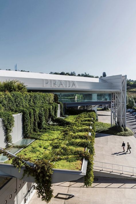 Green Factory Architecture, Prada Headquarters, Factory Design Exterior, Factory Layout, Industrial Facade, Climbing Structure, Industry Architecture, Green Factory, Industrial Green