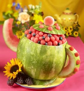 Guest Post & GIVEAWAY: Tea Time for Toddlers - My Insanity Deco Fruit, Watermelon Art, Watermelon Carving, Fruit Displays, Princess Tea Party, Tea Party Food, Food Carving, Alice In Wonderland Tea Party, Hash Browns