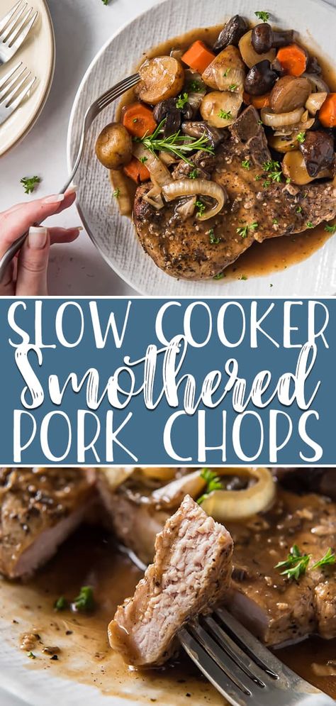 Pork Chops And Vegetables, Slow Cooker Smothered Pork Chops, Smothered Pork Chops Crock Pot, White Asparagus Recipes, Vegetable Slow Cooker, Roasted Root Veggies, Smothered Pork, Seared Pork Chops, Slow Cooker Pork Chops