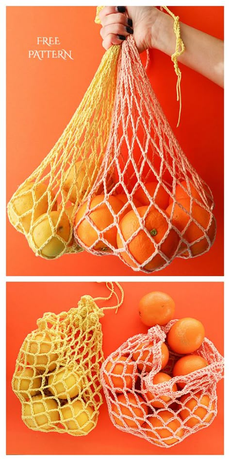 Reusable Produce Bag Free Crochet Patterns - DIY Magazine Crochet Produce Hanger, Crochet Kitchen Basket, Crochet Potato Bag, Crochet Net For Yarn, Crochet Fruit Holder, Crochet Produce Basket, Crochet Organizers Free Pattern, Crochet Produce Hammock, Hanging Crochet Basket Pattern Free