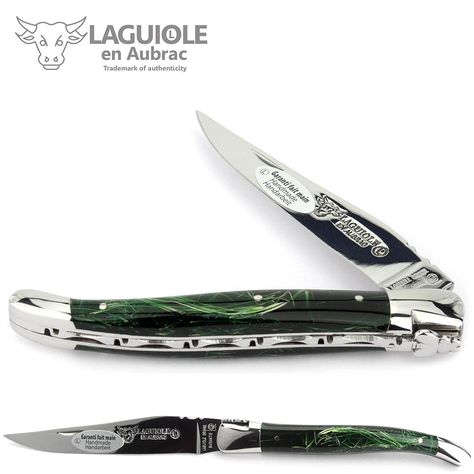 Laguiole en Aubrac handmade knife 12 cm L0212F4IF acrylic handle 'fireworks' green, blade and bolsters stainless steel shiny -- Continue to the product at the image link. Laguiole Knife, Metal Sculptures Garden, Diy Knife, Handmade Knife, Buck Knives, Knife Sheath, Which Is Better, Handmade Knives, Folding Knives