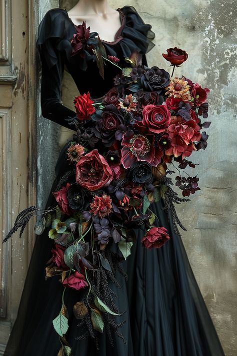 Black Cascading Bouquet, Dark Red Floral Arrangements, Goth Wedding Flowers, Gothic Bouquet Wedding, Goth Aesthetic Wedding, Goth Flower Bouquet, Goth Wedding Bouquet, Pig Photoshoot, Gothic Wedding Flowers