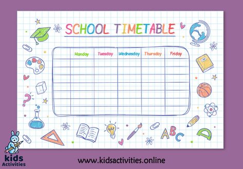 2020 School Timetable Template | Free Download - Kids Activities School Timetable Template, Timetable Design, Back To School Images, Timetable Template, School Timetable, School Template, Kids Schedule, Kids Planner, School Schedule