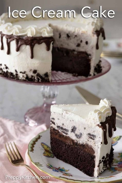 Make Ice Cream Cake, Oreo Ice Cream Cake, Easy Ice Cream Cake, Homemade Ice Cream Cake, Ice Cream Cake Recipe, Oreo Ice Cream, Preppy Kitchen, Easy Ice Cream, Ice Cream Desserts