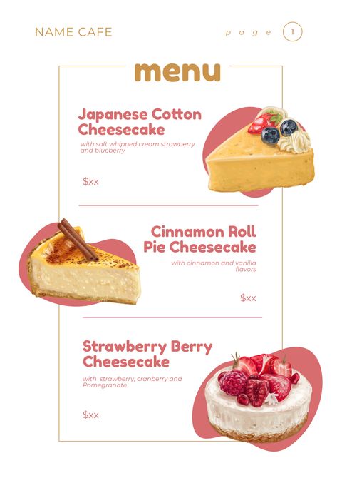 Menu of Dessert Idea - Cafe shop, Bakery shop Cheesecake Menu, Japanese Cotton Cheesecake, Cotton Cheesecake, Berry Cheesecake, Bakery Shop, Cafe Shop, Strawberry Cheesecake, Vanilla Flavoring, Menu Design