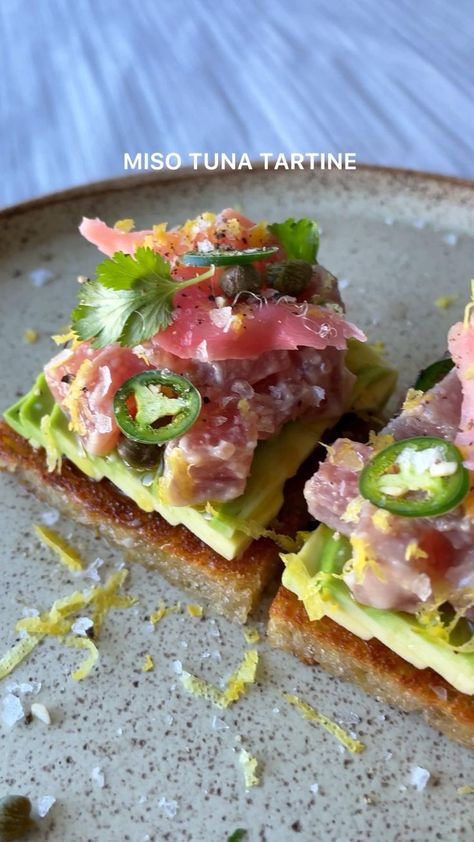 MISO TUNA TARTINE | Food, Appetizer recipes, Food recipies Crunchy Bread, Sushi Grade Tuna, Sliced Avocado, Miso Paste, Pickled Ginger, Serrano Pepper, Pepper Salt, Tuna Recipes, Quick And Easy Recipes