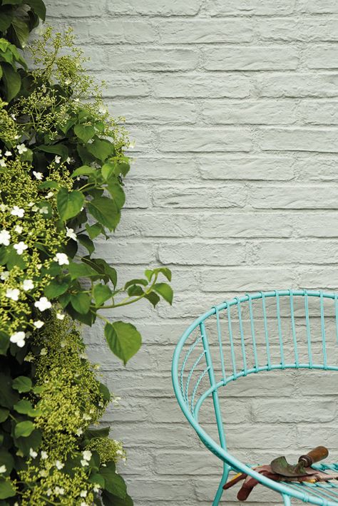 A Spring Refresh... | Little Greene Paint Blog Normandy Grey, Brick Wall Gardens, Exterior Masonry Paint, Painted Brick Wall, Green Grey Paint, Masonry Paint, Pintura Exterior, Masonry Wall, Green Paint Colors