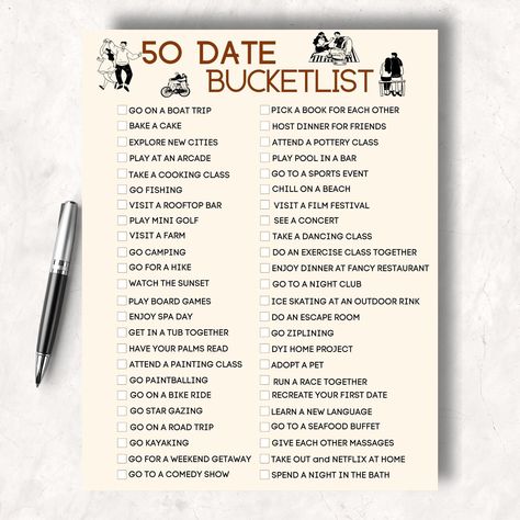 Have To Do This List Boyfriend, Printable Date Night Ideas, Vacation Date Ideas, 100 Dates Bucket List, Ideal Date Ideas, Bucket List Date Ideas, List Date Ideas, Date Bucket List, Couple Planner