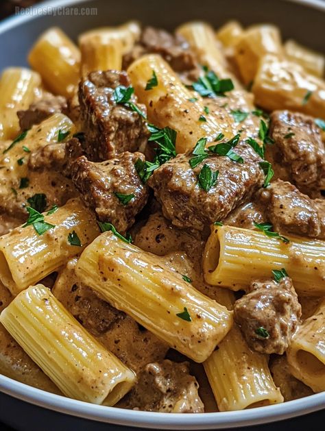 Enjoy a savory dinner with this Creamy Parmesan Beef with Rigatoni Pasta. Tender beef, rigatoni, and a rich, creamy Parmesan sauce make this a perfect meal. Parmesan Beef, Beef Rigatoni, Cheesecake Stuffed Cookies, Quick Soup Recipes, Fruity Dessert, Beef Pasta Recipes, Quick Soup, Creamy Parmesan Sauce, Rolls Easy