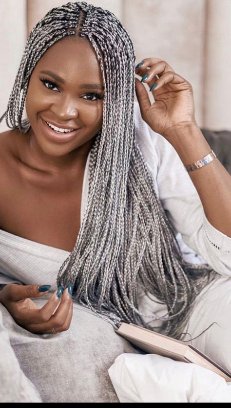 Goddess Braids: Embrace Your Inner Strength with Regal Braided Styles Salt N Pepper Hair, Braids Colours, Silver Braids, Grey Braids, Grey Box Braids, Curly Silver Hair, Knotless Styles, Classic Box Braids, Styling Hairstyles