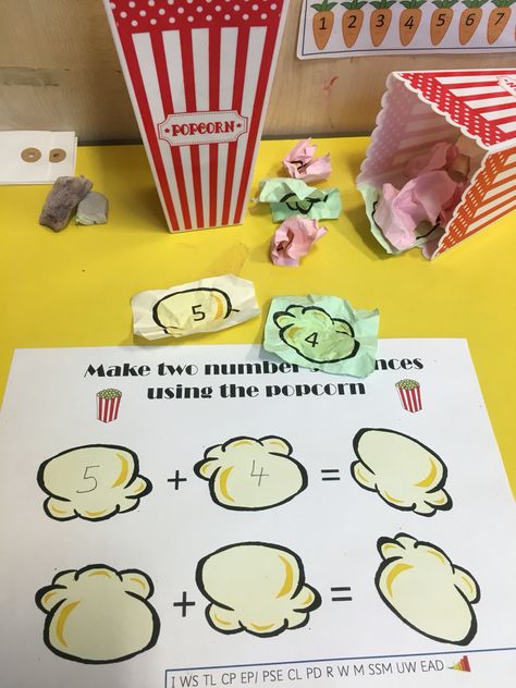 Popcorn maths Popcorn Math Activities, Theatre Activities, Popcorn Words Activities, Maths Eyfs, Popcorn Theme, Popcorn Words, Eyfs Maths, Math Centres, Reception Classroom