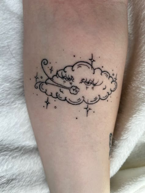 Cloud Lady Tattoo, Cloud Knee Tattoo, Pretty Cloud Tattoo, Cloud Tattoo Aesthetic, Sparkle Sleeve Tattoo, Cloud With Eyes Tattoo, Cloud With Face Tattoo, Cloud Face Tattoo, Blowing Wind Tattoo