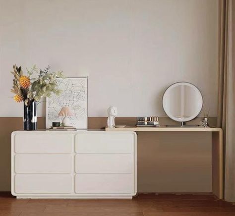 Vanity Chest Of Drawers, Desk Dresser Combo, Built In Dressing Table, Small Bedroom Hacks, Stylish Bedroom Decor, Minimalist Living Room Decor, Dream Apartment Decor, Desk Dresser, Stylish Bedroom