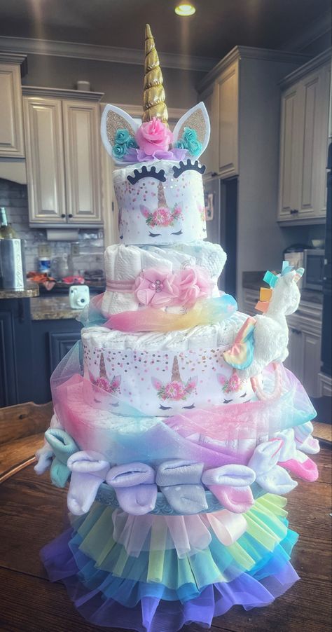 Unicorn baby shower Rainbow Baby Shower Theme, Unicorn Baby Shower Theme, Unicorn Birthday Decorations, Peanut Baby Shower, Unicorn Baby Shower, Rainbow Baby Shower, Unicorn Theme, Shower Themes, Diaper Cakes