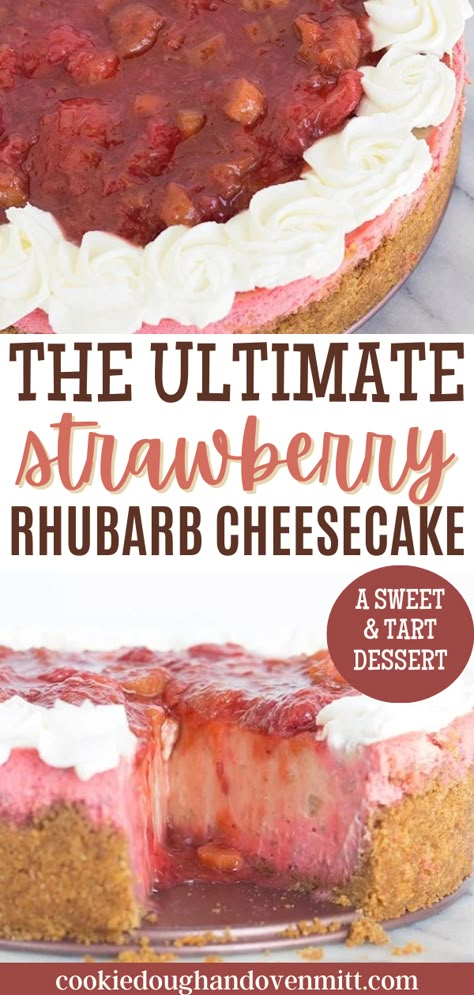 Indulge in a strawberry rhubarb cheesecake that blends the sweet and tart flavors perfectly, topped with whipped cream and a delightful compote. This cheesecake features strawberries and rhubarb cooked into a luscious paste, swirled into the creamy base, creating a dessert that celebrates these favorite flavors in harmony. Strawberry Rhubarb Cheesecake Recipes, Rhubarb Cheesecake Recipes, Strawberry Rhubarb Cheesecake, Summer Bakes, Strawberry Rhubarb Cake, Easy Rhubarb Recipes, Cupcake Desserts, Cheesecakes Recipes, Rhubarb Cheesecake