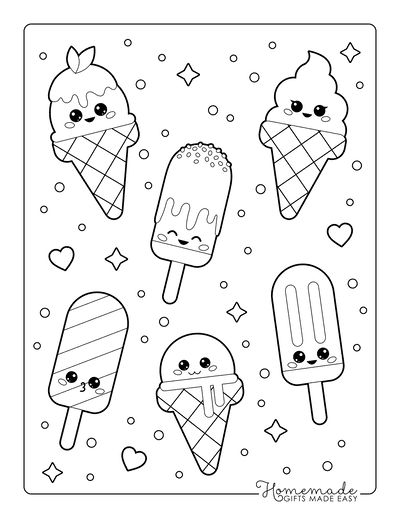 Ice Cream Coloring Pages Kawaii Popsicles Cones Stars Hearts Sprinkles Coloring Ice Cream, Popsicle Coloring Page, Ice Cream Printable, Scary Coloring Pages, Summer Coloring Sheets, Ice Cream Coloring, Ice Cream Pictures, Face Coloring, Ice Cream Coloring Pages