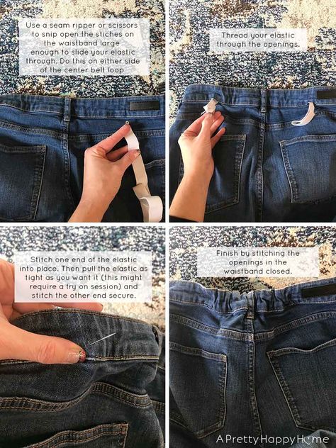 fix waistband gap on jeans with elastic Gap In Back Of Jeans, Fix Gap In Jeans, Jeans With Elastic Waistband, How To Fix Back Gap In Jeans, Diy Elastic Waistband Jeans, Altering Jeans Waistband Smaller, Alter Jeans Waistband, Adding Elastic To Jeans Waist, Resize Pants