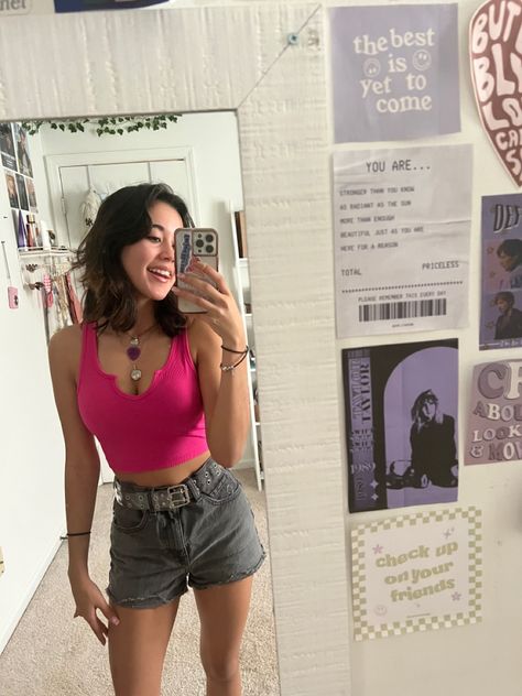 Hot Pink Tank Top Outfit, Pink Tank Tops Outfit, Louis Tomlinson Concert, Hot Pink Tank Top, Rockstar Girlfriend, Hot Pink Tank, Hot Pink Tops, Tank Top Outfits, Pink Tank