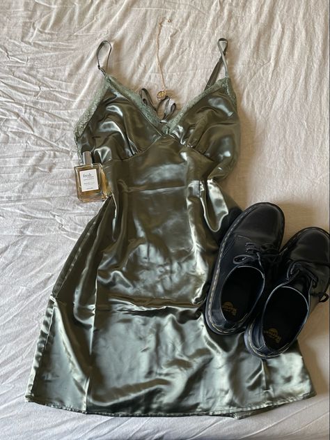 Green Summer Slip Dress, Fresh Cream Perfume, Dress And Doc Martens, Dress With Doc Martens, Satin Slip Dress Outfit, Green Satin Slip Dress, Cream Perfume, Martens Outfit, Slip Dress Outfit