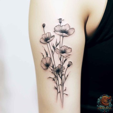 The Meaningful Symbolism of California Poppy Tattoos – 40 Designs - inktat2.com Poppy Tattoo Black And White, Black Poppy Tattoo, Poppy Tattoo Meaning, Poppy Tattoos, California Poppy Tattoo, Flower Tat, Poppy Tattoo, Wildflower Tattoo, Poppies Tattoo