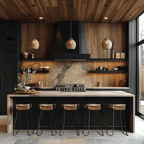 Kitchen Ideas No Upper Cabinets, Island Paneling Ideas, Wood Paneling Kitchen, Black And Natural Wood Kitchen, Kitchen Paneling, Paneling Kitchen, No Upper Cabinets, Paneling Ideas, One Wall Kitchen