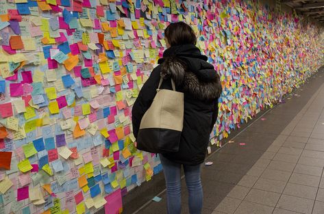 Sonos stirred an uproar on Tuesday when a new ad campaign threatened to destroy the "Subway Therapy" wall of sticky notes inside New York City's Union Square station, but has responded and is now pledging to help preserve the public art piece. Post Its, Subway Station, Nyc Subway, Union Square, Message Board, Note Paper, Ad Campaign, Public Art, Vera Bradley Backpack