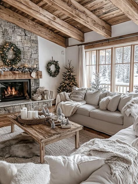 Create a cozy farmhouse Christmas with rustic decor elements. Incorporate wooden crates, buffalo plaid textiles, and handmade wreaths for an authentic feel. Explore 35 festive hairstyles to complement your holiday decor. Embrace the warmth of traditional farmhouse style. Rustic Christmas Living Room, Chalet Living Room, Cozy Farmhouse Christmas, Festive Hairstyles, Modern Farmhouse Christmas, Rustic Farmhouse Christmas, Farmhouse Christmas Decor Ideas, Christmas Bathroom Decor, Dream Kitchens Design