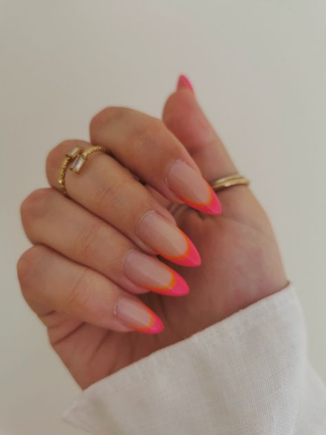 pink and orange french manicure, summer nails 2023, pink french tips, orange french tips, french manicure , colorful french manicure, aesthetic nails, aesthetic colorful nails French Tips Orange, Summer Nails 2023 Pink, Orange French Manicure, French Manicure Summer, Colorful French Manicure, Orange French Tips, Manicure Aesthetic, Halo Nails, Pink French Tips