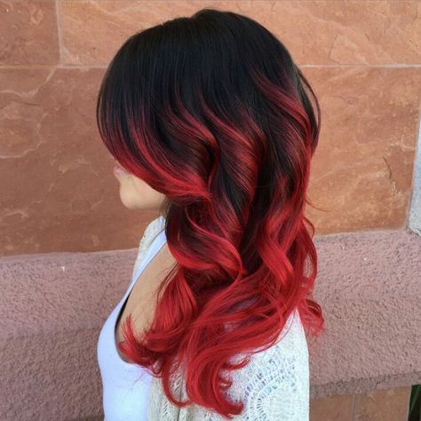 Yes! Bright Red Hair With Lowlights, Bright Red Hair With Black Roots, Red Ombre Hair Color For Brunettes, Black To Red Balayage, Red And Black Hair Color Ideas, Red On Black Hair, Red Ends On Brown Hair, Bright Red Highlights In Brown Hair, Bright Red Balayage Hair