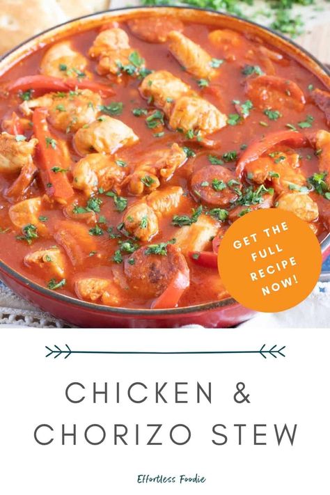 A rich and hearty Spanish-style chicken and chorizo stew recipe. Quick, easy, and on the table in just 30 minutes, making it an ideal meal for busy weeknights! Portuguese Chorizo Recipes, Chicken And Chorizo Recipes, Chicken Chorizo Stew, Spanish Chicken And Chorizo, Chorizo Stew, Chorizo Recipe, Chorizo Soup, Chicken And Chorizo, Spanish Chorizo