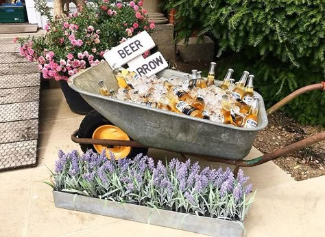 Beer Wheelbarrow Wedding, Beer Barrow Wedding, Beer And Wine Display Wedding, Beer Cart Wedding, Wedding Ice Bucket, Beer Barrow, Beer Tub, Bachelor Party Themes, 60th Birthday Theme