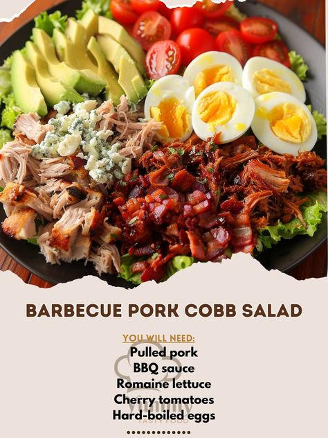 🥗🔥 Indulge in the flavors of Barbecue Pork Cobb Salad! A hearty and satisfying meal! #CobbSalad #BBQ Barbecue Pork Cobb Salad Ingredients: Pulled pork (2 cups, cooked and shredded) BBQ sauce (1/2 cup) Romaine lettuce (4 cups, chopped) Cherry tomatoes (1 cup, halved) Hard-boiled eggs (2, sliced) Avocado (1, sliced) Bacon (4 slices, cooked and crumbled) Blue cheese (1/2 cup, crumbled) Ranch dressing (1/2 cup) Instructions: Mix pulled pork with BBQ sauce. Arrange lettuce on a platter. Top wi... Bbq Cobb Salad, Brown Derby Cobb Salad, Steak Cobb Salad Recipe, Pulled Pork Bbq Sauce, Classic Cobb Salad Recipe, Summer Chipotle Chicken Cobb Salad, Cobb Salad Ingredients, Barbecue Pork, Bbq Pulled Pork