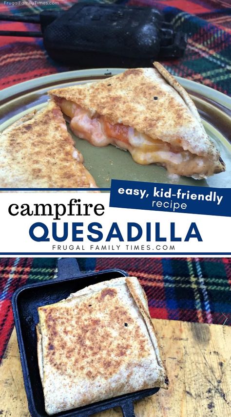 An easy meal to cook over the fire: Campfire pie iron quesadillas! A simple, healthy meal for camping or backyard fires. This one has cheese, salsa and red peppers on flour tortillas, but there are so many more options! Simple Campfire Meals, Chicken Fajitas In Oven, Fajitas In Oven, Fajitas In The Oven, Fire Meals, Pie Iron Cooking, Campfire Pies, Pie Irons, Pudgy Pie