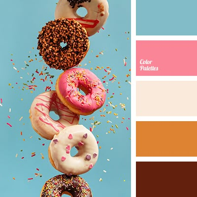 a pink, beige, blue colour, brown, color donuts, color selection for design, delicate beige, ginger, glaze color, heavenly, heavenly blue, reddish brown, saturated pink. Brown Pink Blue Color Palette, Sweet Colour Palette, Sweets Color Palette, Donut Color Palette, Sweet Color Palette, Pink And Brown Color Palette, Festive Color Palette, Flat Bedroom, In Color Balance