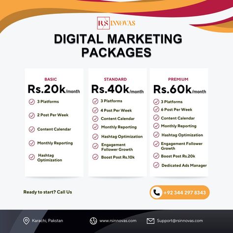 Digital Marketing Packages by Rs Innovas Are you looking for the cheapest digital marketing solutions? Rs Innovas provides you the most affordable packages in the market! Here are the details:** Basic Package - Rs. 20K/month:** - Platforms Covered:** Services for 3 social media platforms - Posting Frequency:** 2 posts per week to keep your audience engaged - Content Planning:** Comprehensive content calendar to plan your posts - Performance Tracking:** Monthly reporting to track the effecti... Marketing Packages, Social Media Packages, Digital Marketing Plan, Content Calendar, Content Planning, Content Calendars, Mens Casual, Marketing Plan, Social Media Platforms