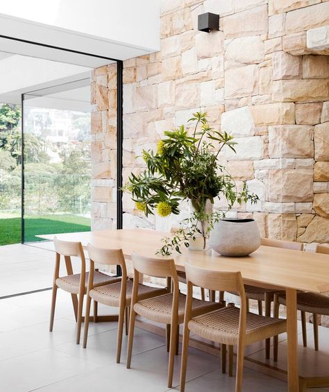 Formal Dining Room Sets, Stone Feature Wall, Sandstone Wall, Stone Wall Cladding, Pavilion Design, Cottage Renovation, Melbourne House, Beach House Interior, Stone Feature