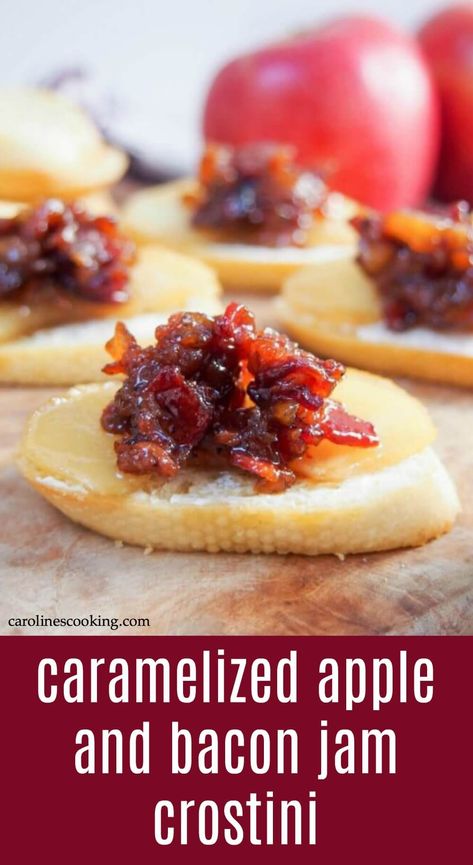 These caramelized apple and bacon jam crostini are a delicious sweet-savory mix, easy to prepare largely in advance and sure to be a hit with guests. A great fall appetizer. #appetizer #apple #crostini #baconjam Bacon Jam Crostini, Carmelized Apple, Bacon Crostini, Best Party Appetizers, Crostini Appetizers, Gluten Free Puff Pastry, Caramelised Apples, Crostini Recipes, Fall Appetizers