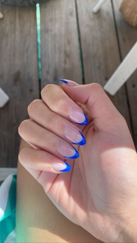 Acrylic Nail Blue French Tip, Spring Acrylic Nail Designs Square, Blue French Tip Almond Acrylic Nails, Cobalt Blue French Tip Nails Almond, Simple Blue French Tip Nails, Almond Shape Blue French Tip, Short Blue Acrylic Nails Almond, Medium Blue French Tip Nails, Megan Moroney Nail Ideas