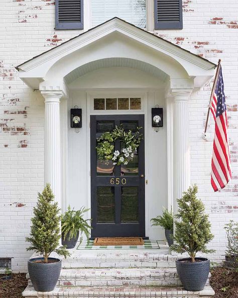 See the Transformation: Brick Colonial Turned Charming Farmhouse - The Cottage Journal Brick Exterior Makeover, Painted Porch Floors, Lime Wash Brick, Porch Paint, Floor Makeover, Porch Flooring, Painted Concrete Porch, Exterior Makeover, Small Porches