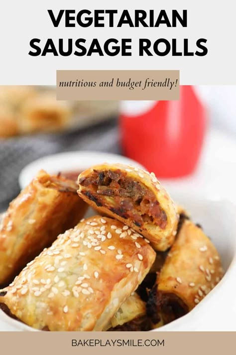 With flaky puff pastry wrapped around a lentil, vegetable and cheese filling, these vegetarian sausage rolls are a delicious party snack or lunchbox idea that both vegetarians and meat-eaters love. On the table in just 45 minutes, they are great for making ahead and freezing too. #vegetarian #sausagerolls #lentils #budgetfriendly #snack Vegetarian Pastries, Vegetarian Sausage Rolls, Sausage Roll Recipe, Vegetarian Sausage, Vegan Sausage Rolls, Vegetarian Party Food, Sausage Rolls Recipe, Vegetarian Sausages, Veggie Sausage