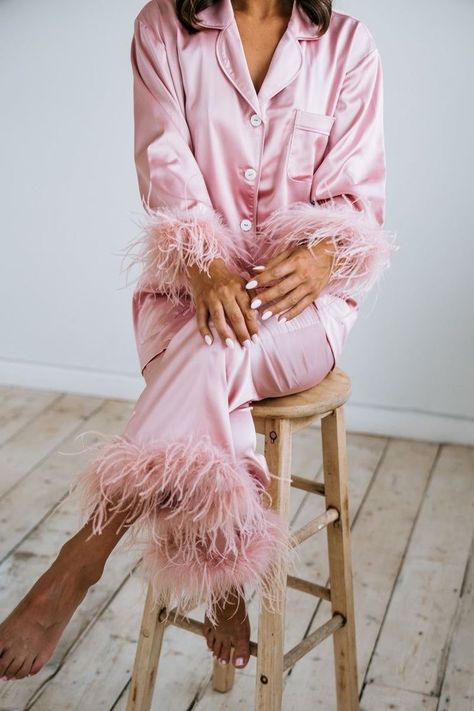 Pink Satin Pyjamas, Pink Pyjama Party, Bridal Party Pyjamas, Pyjamas Party Outfit, Pyjama Party Outfit, Brides Robes, Hangover Brunch, Feather Pyjamas, Bridal Pyjamas