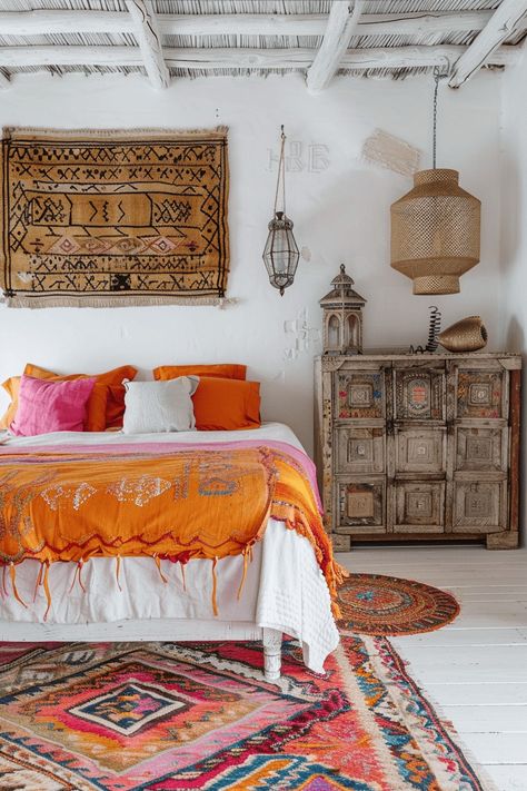 Orange Boho Bedroom, Donkey House, Moroccan Bedroom Ideas, Moroccan Inspired Bedroom, Bedroom Guide, Distressed Wood Furniture, French Style Bedroom, Bedroom 2024, Summer Room