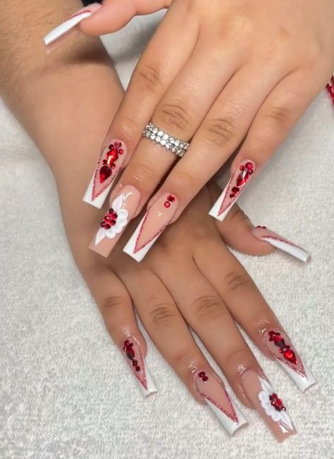 White Acrylic Nails With Red Rhinestones, Nails For Quinceanera Red, Red Nails Acrylic Medium, White Nails With Red Jewels, Red And Silver Quince Nails, Red Nail Inspo With Gems, Short Red Quince Nails, Red And Silver Homecoming Nails, Red And White Quince Nails